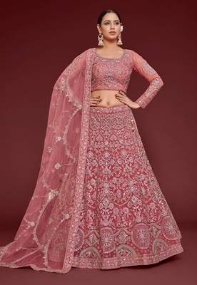pink net embroidered wedding lehenga choli with free size upto 42 1