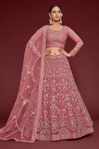 pink net embroidered Wedding lehenga choli