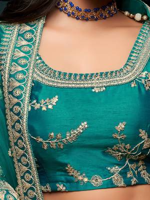 teal green art silk embroidered navratri lehenga choli with free size upto 42 4