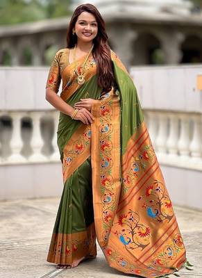 mehendi soft paithani style silk blend with zari weaving meenakari saree with blouse 1