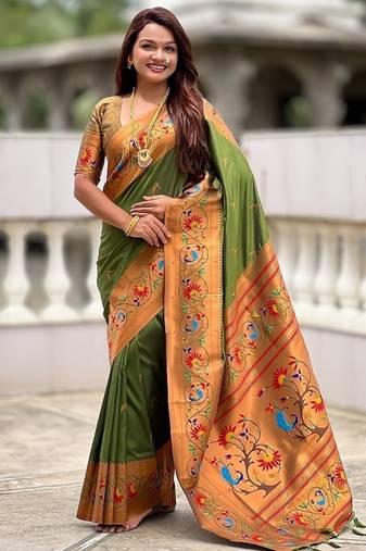mehendi soft paithani style silk blend with zari weaving meenakari saree with blouse