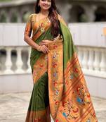 mehendi soft paithani style silk blend with zari weaving meenakari saree with blouse