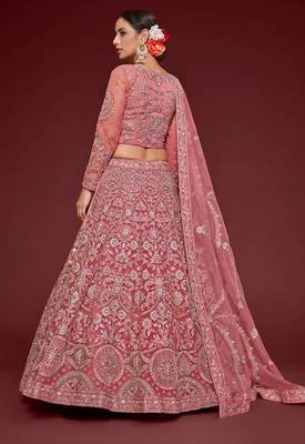 pink net embroidered wedding lehenga choli with free size upto 42 2