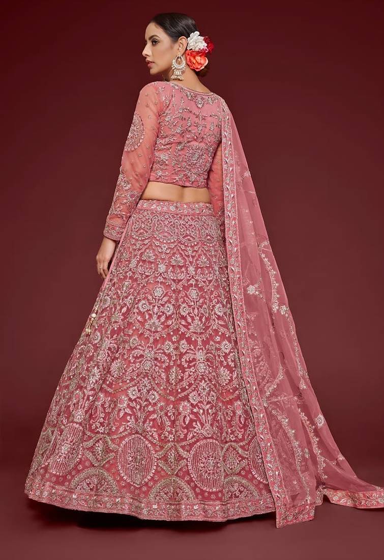 pink net embroidered Wedding lehenga choli