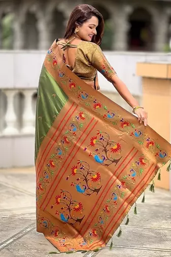 mehendi soft paithani style silk blend with zari weaving meenakari saree with blouse