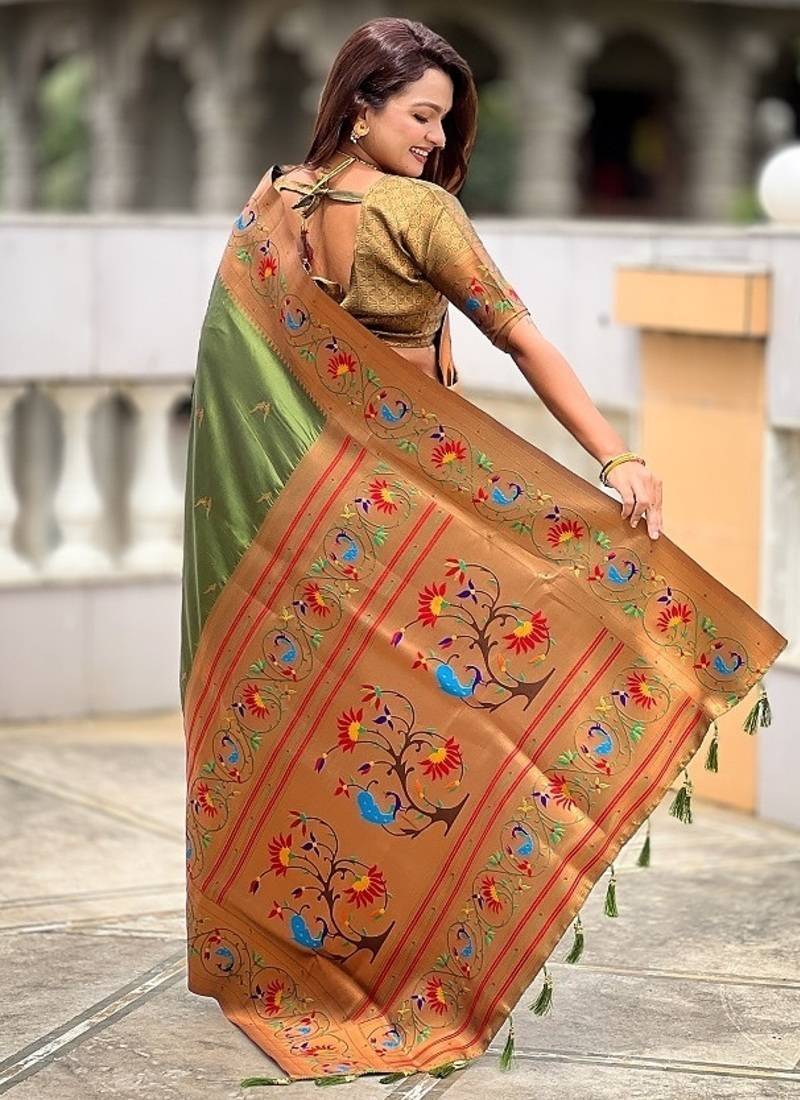 mehendi soft paithani style silk blend with zari weaving meenakari saree with blouse