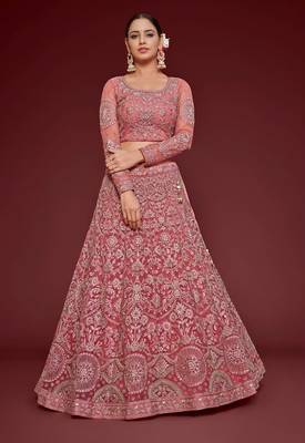 pink net embroidered wedding lehenga choli with free size upto 42 3