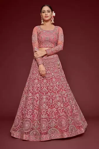 pink net embroidered Wedding lehenga choli
