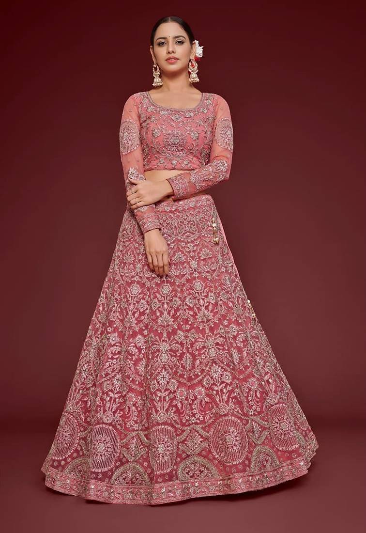 pink net embroidered Wedding lehenga choli