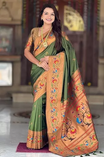 mehendi soft paithani style silk blend with zari weaving meenakari saree with blouse