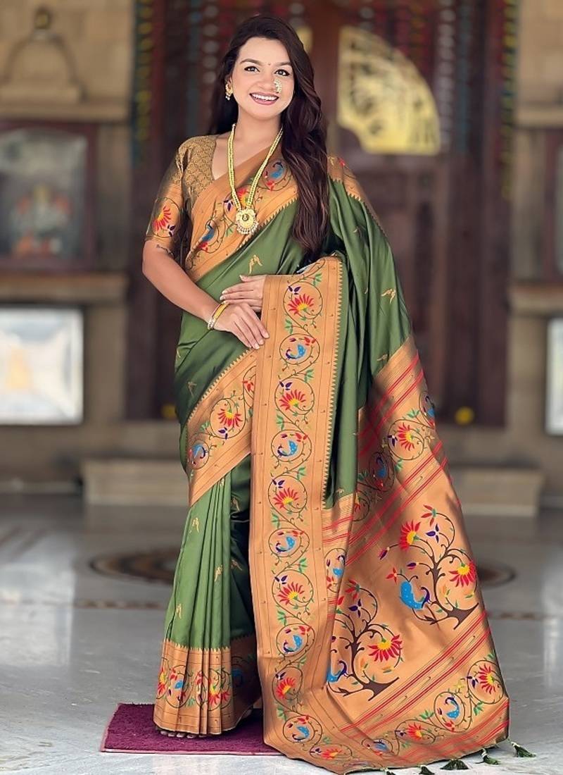 mehendi soft paithani style silk blend with zari weaving meenakari saree with blouse