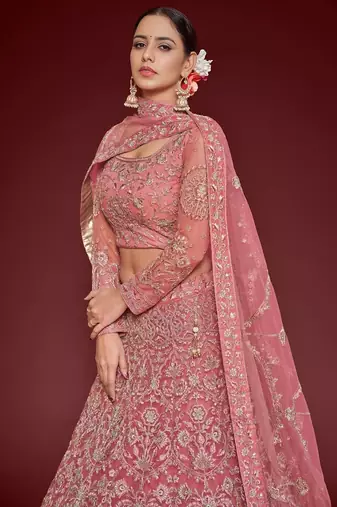 pink net embroidered Wedding lehenga choli