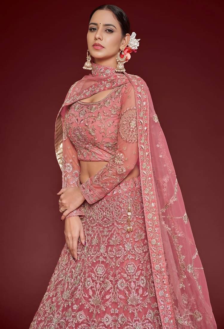 pink net embroidered Wedding lehenga choli