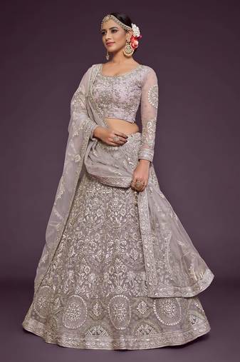 lavender net embroidered Wedding lehenga choli