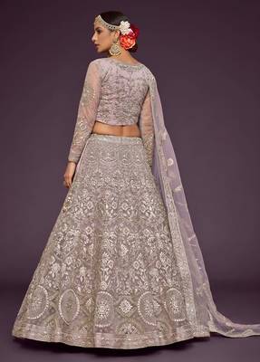 lavender net embroidered wedding lehenga choli with free size upto 42 2