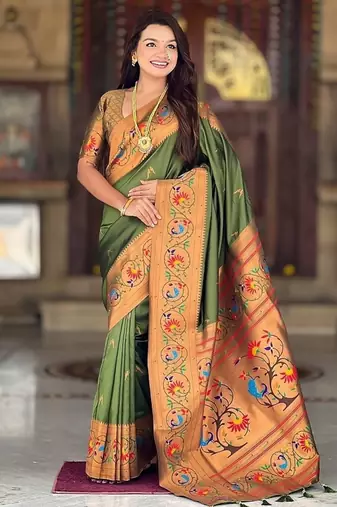 mehendi soft paithani style silk blend with zari weaving meenakari saree with blouse