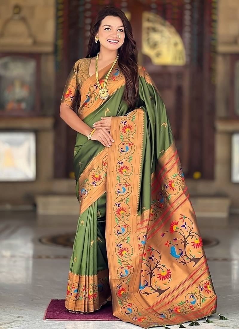 mehendi soft paithani style silk blend with zari weaving meenakari saree with blouse
