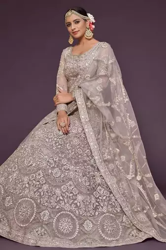 lavender net embroidered Wedding lehenga choli