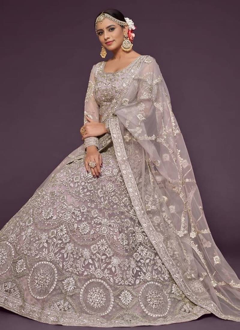 lavender net embroidered Wedding lehenga choli