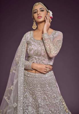 lavender net embroidered wedding lehenga choli with free size upto 42 4
