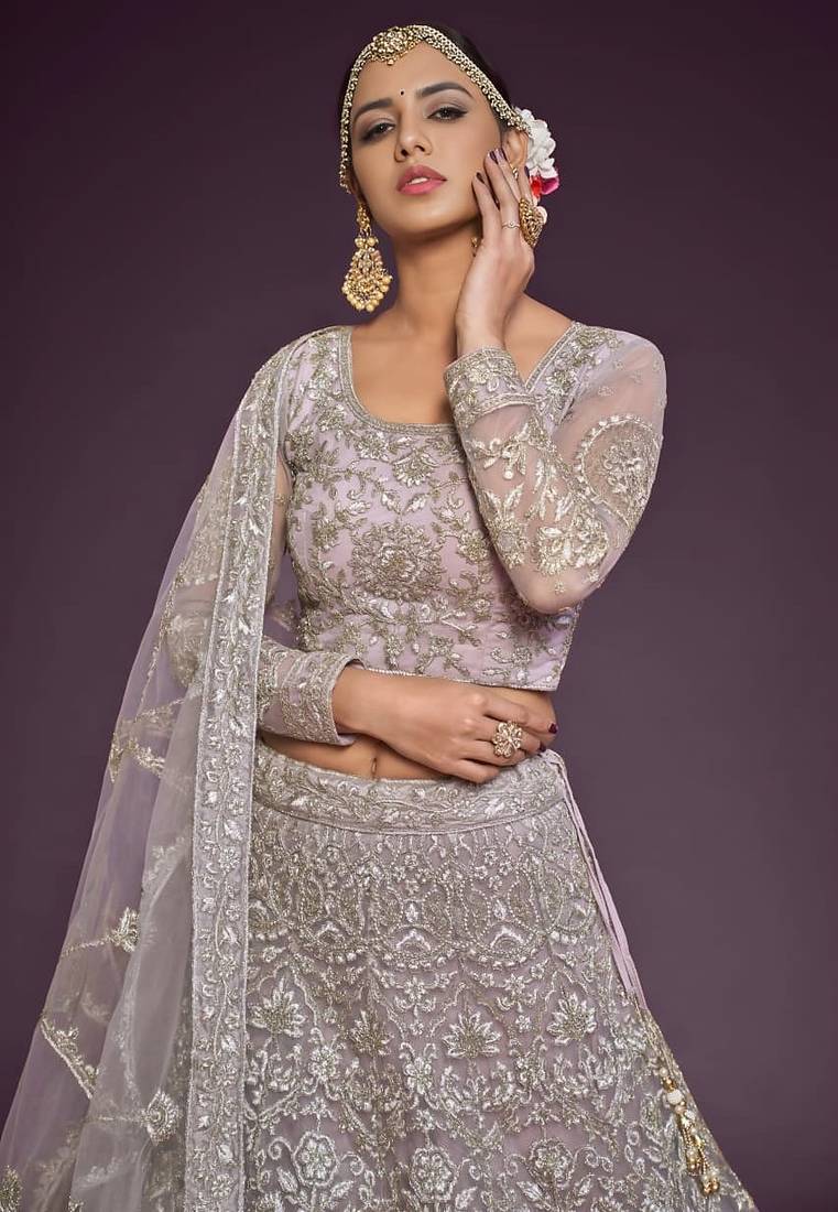lavender net embroidered Wedding lehenga choli