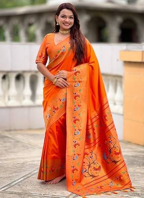 orange soft paithani style silk blend with zari weaving meenakari saree with blouse 1