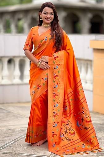 orange soft paithani style silk blend with zari weaving meenakari saree with blouse