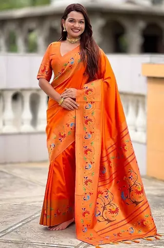 orange soft paithani style silk blend with zari weaving meenakari saree with blouse