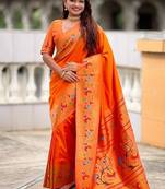 orange soft paithani style silk blend with zari weaving meenakari saree with blouse