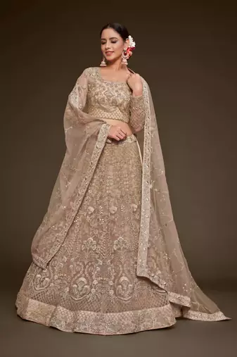 beige net embroidered Wedding lehenga choli