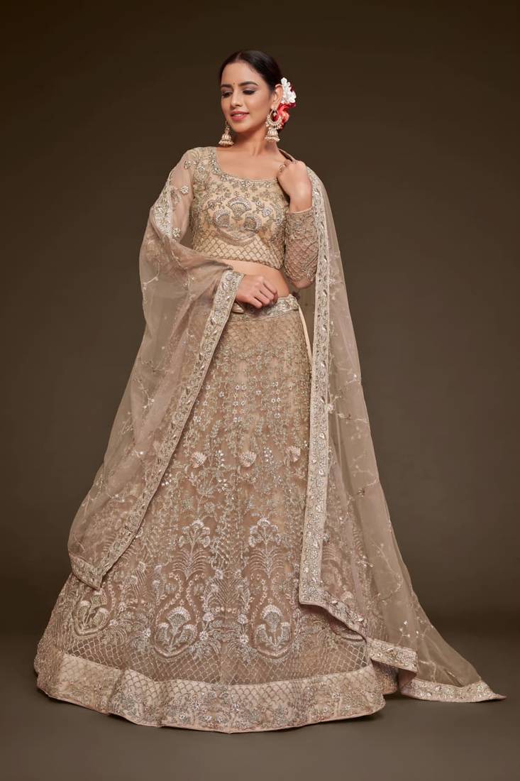 beige net embroidered Wedding lehenga choli