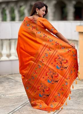 orange soft paithani style silk blend with zari weaving meenakari saree with blouse 2