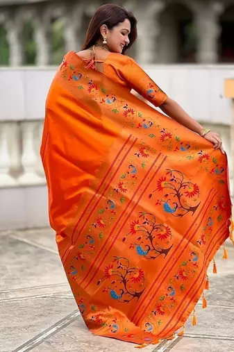 orange soft paithani style silk blend with zari weaving meenakari saree with blouse