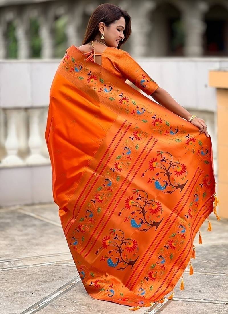 orange soft paithani style silk blend with zari weaving meenakari saree with blouse