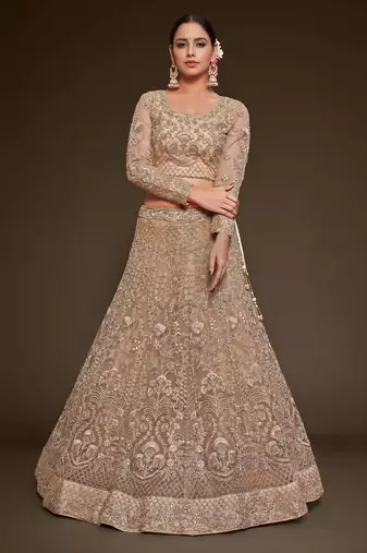 beige net embroidered Wedding lehenga choli