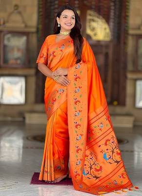 orange soft paithani style silk blend with zari weaving meenakari saree with blouse 3