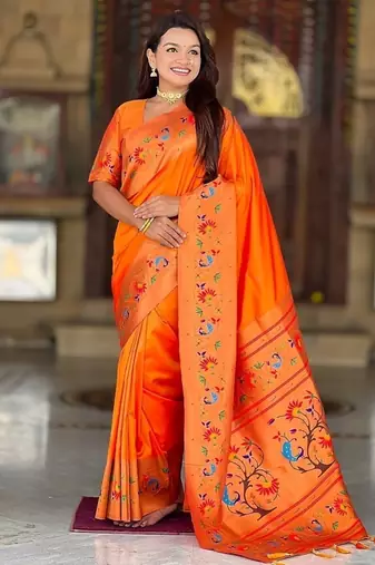 orange soft paithani style silk blend with zari weaving meenakari saree with blouse