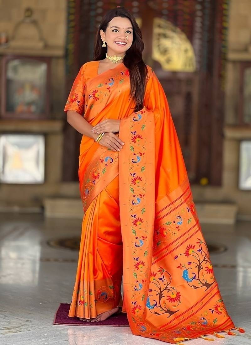 orange soft paithani style silk blend with zari weaving meenakari saree with blouse