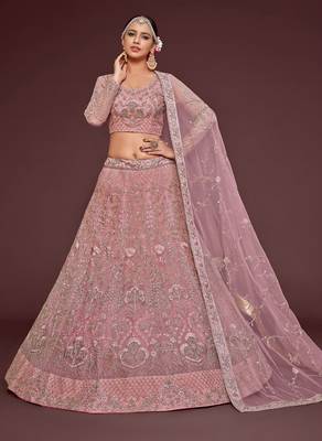 pink net embroidered wedding lehenga choli with free size upto 42 1