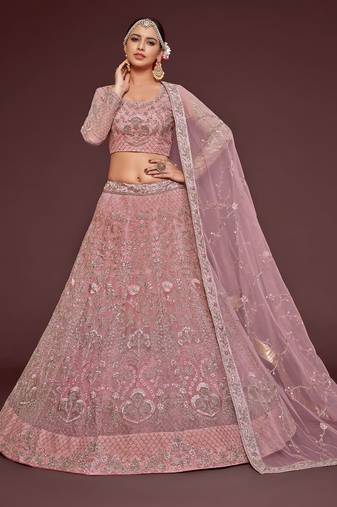pink net embroidered wedding lehenga choli with free size upto 42