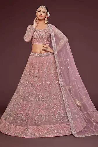 pink net embroidered Wedding lehenga choli