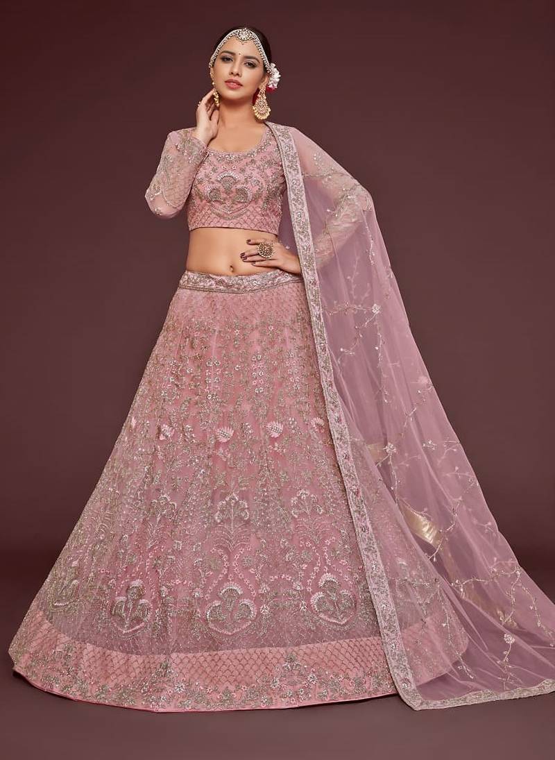 pink net embroidered Wedding lehenga choli