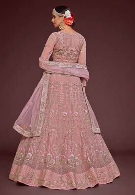 pink net embroidered wedding lehenga choli with free size upto 42 2