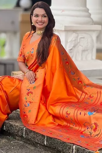 orange soft paithani style silk blend with zari weaving meenakari saree with blouse