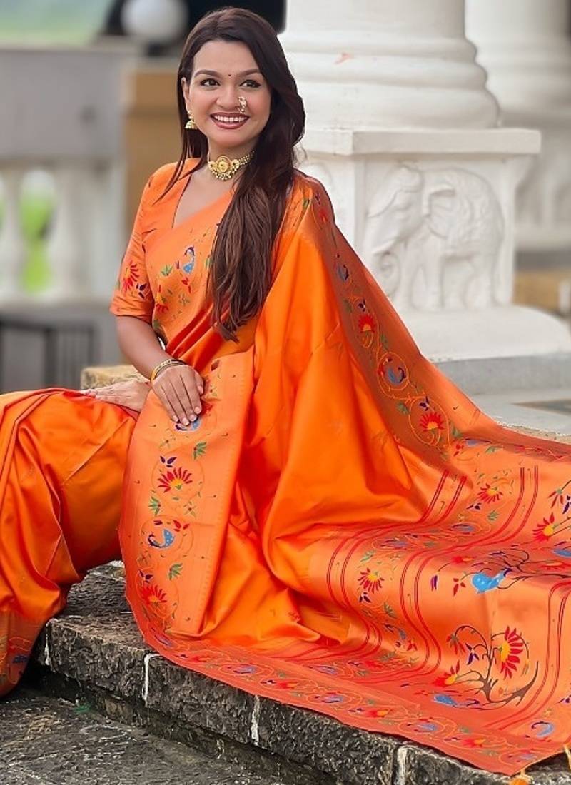 orange soft paithani style silk blend with zari weaving meenakari saree with blouse