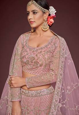 pink net embroidered wedding lehenga choli with free size upto 42 3
