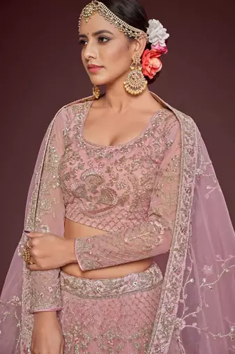 pink net embroidered Wedding lehenga choli