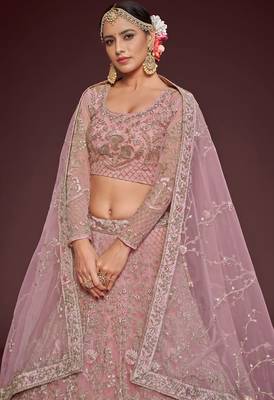 pink net embroidered wedding lehenga choli with free size upto 42 4