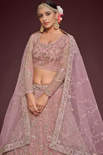 pink net embroidered Wedding lehenga choli