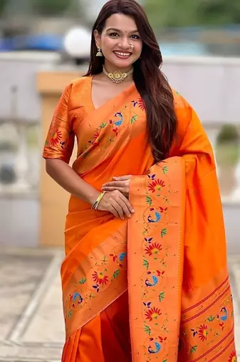 orange soft paithani style silk blend with zari weaving meenakari saree with blouse